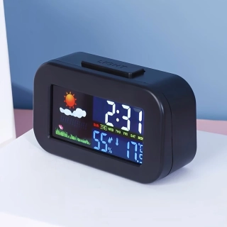 Digitální budík, teploměr, vlhkoměr, kalendář s barevnou obrazovkou