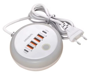 Multiportová nabíječka USB PD 50W 4xUSB+2x USB-C s lampičkou